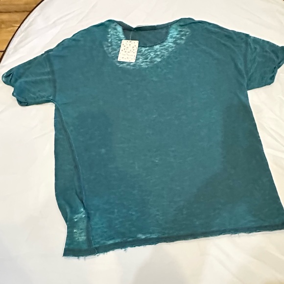 Free People Teal Green Scoop Neck Raw Edge Burnout Top Pocket Tee Shirt New - Picture 2 of 9